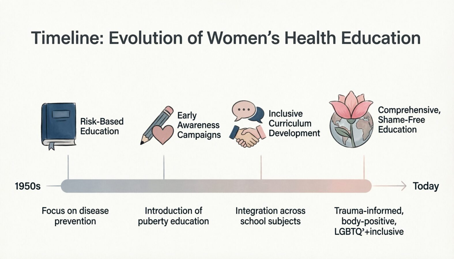Timeline showing evolution from risk-based to shame-free female body education approaches